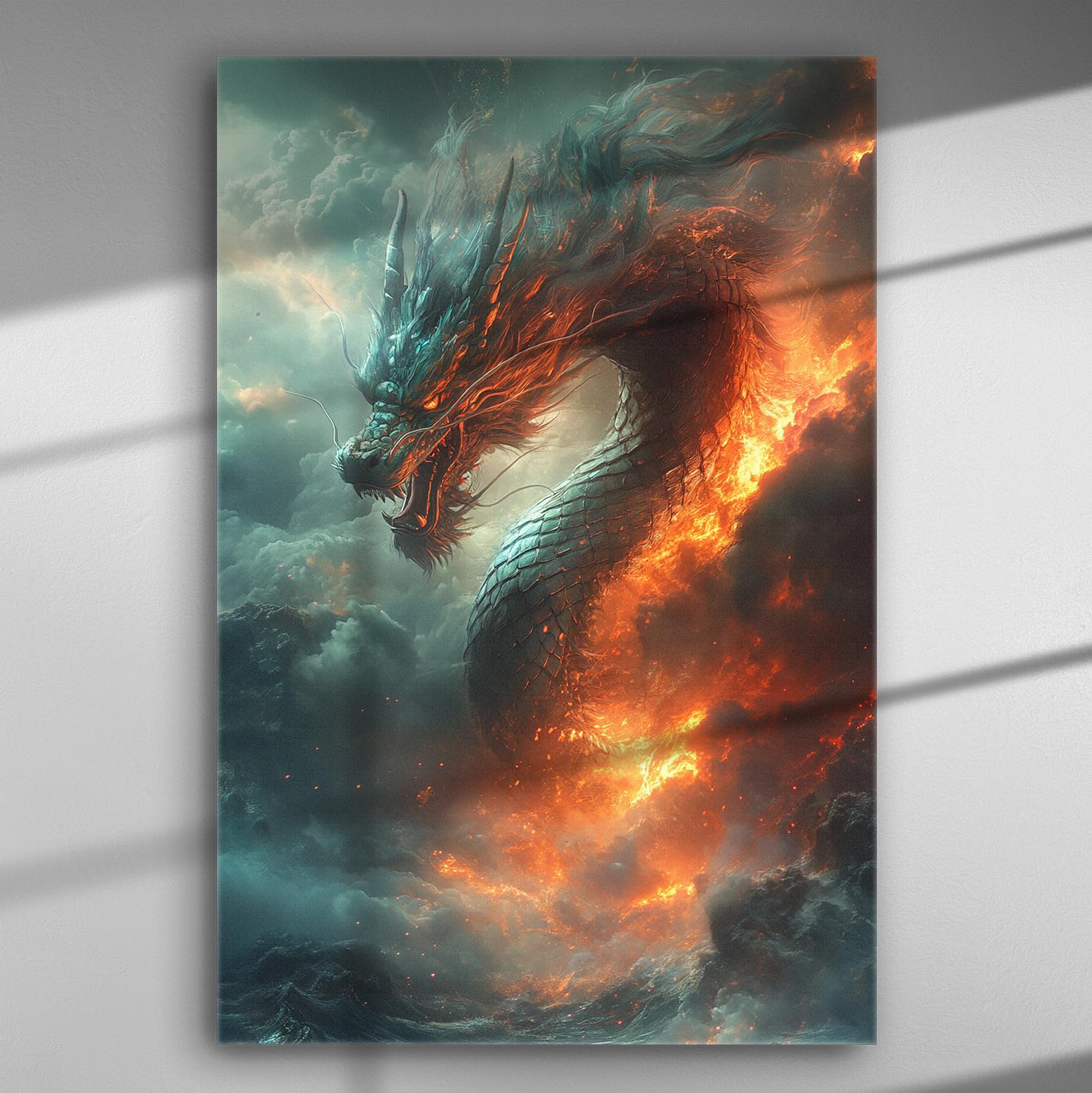 Dragon engulfed in flames and clouds, mythical and powerful art piece.