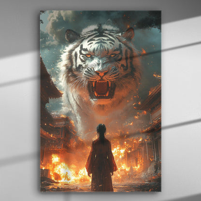 Canvas print of a majestic white tiger roaring above a burning city with a lone figure standing.