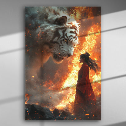 Tiger facing a woman in red dress with fire background on a canvas print.