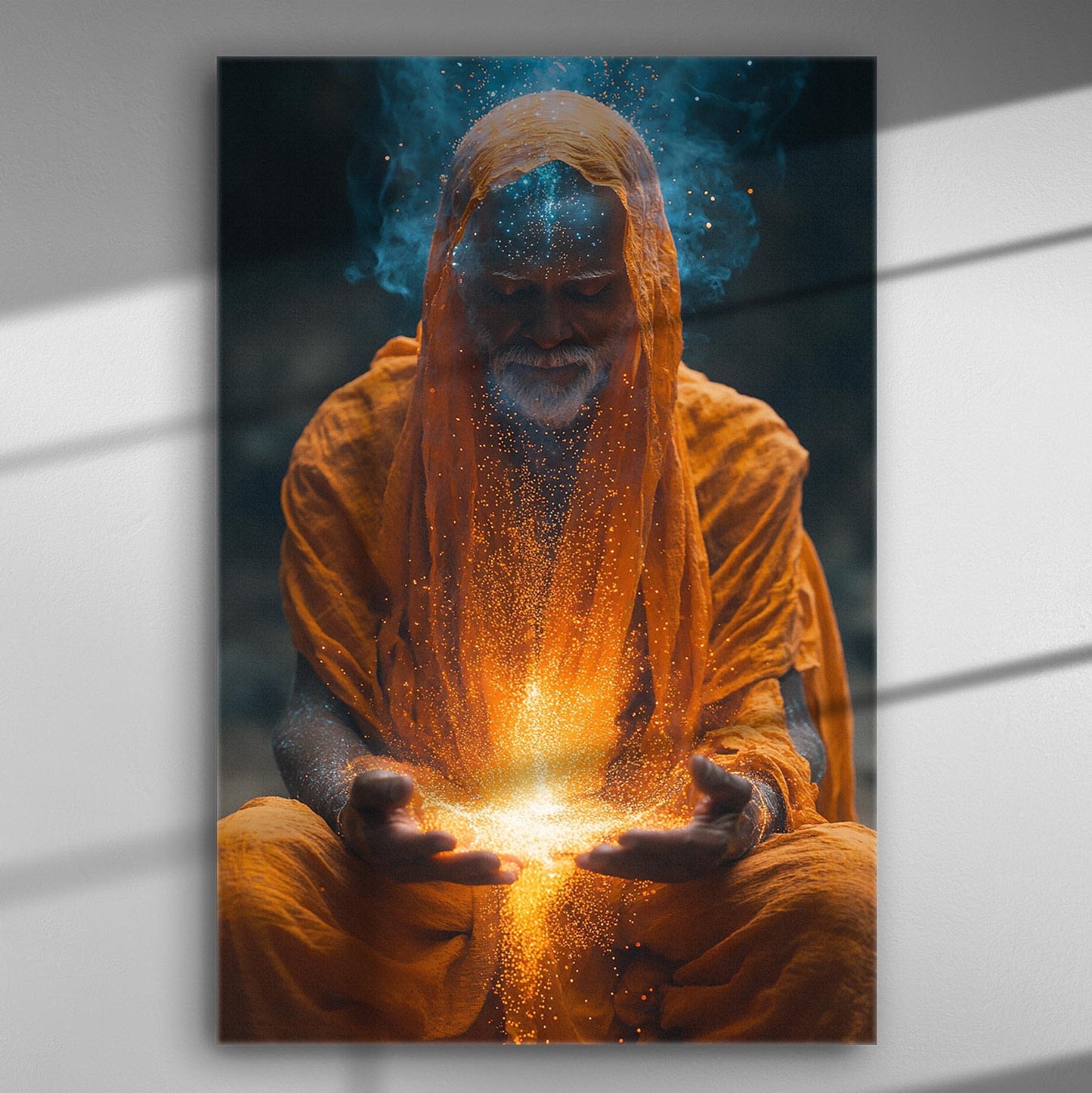 Image of an enigmatic figure holding glowing energy surrounded by bright swirling colors.
