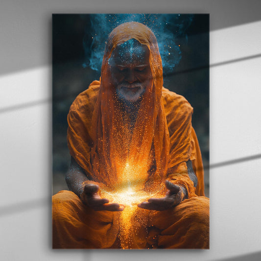 Image of an enigmatic figure holding glowing energy surrounded by bright swirling colors.