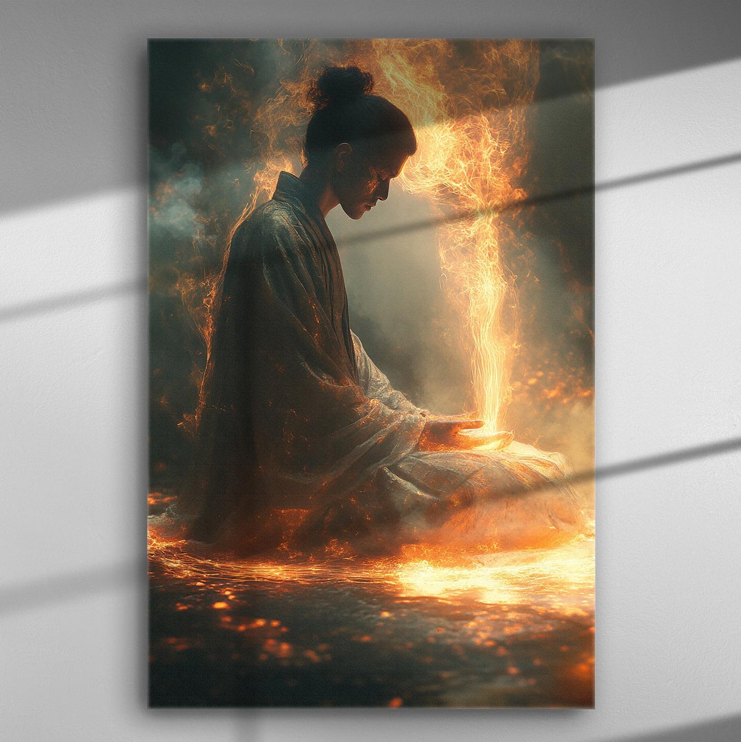 Meditative figure surrounded by flames in a dramatic canvas print
