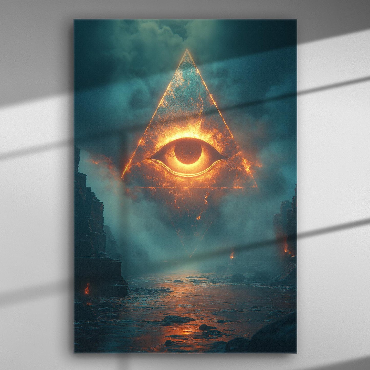 Canvas print featuring a fiery eye surrounded by flames within a dark, mystical landscape.