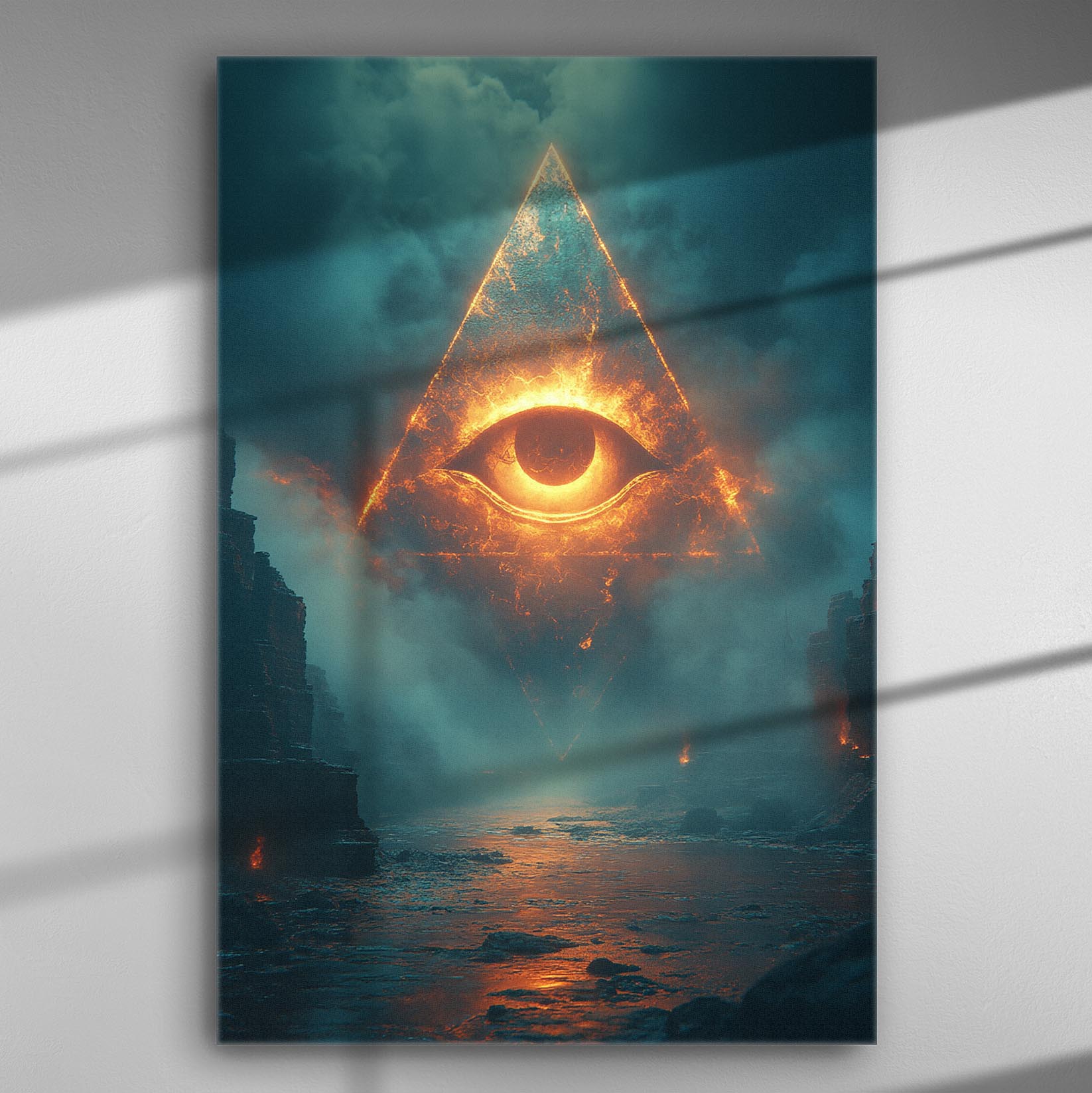 Canvas print featuring a fiery eye surrounded by flames within a dark, mystical landscape.