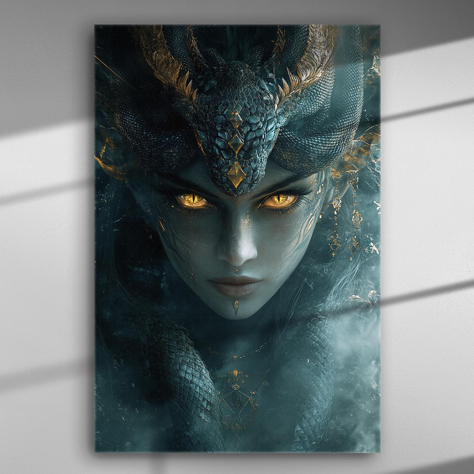 A mystical woman with golden eyes and a dragon headpiece in a canvas art.