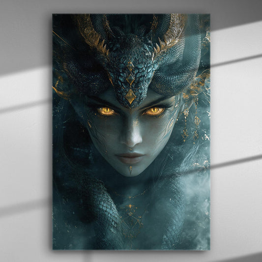 A mystical woman with golden eyes and a dragon headpiece in a canvas art.
