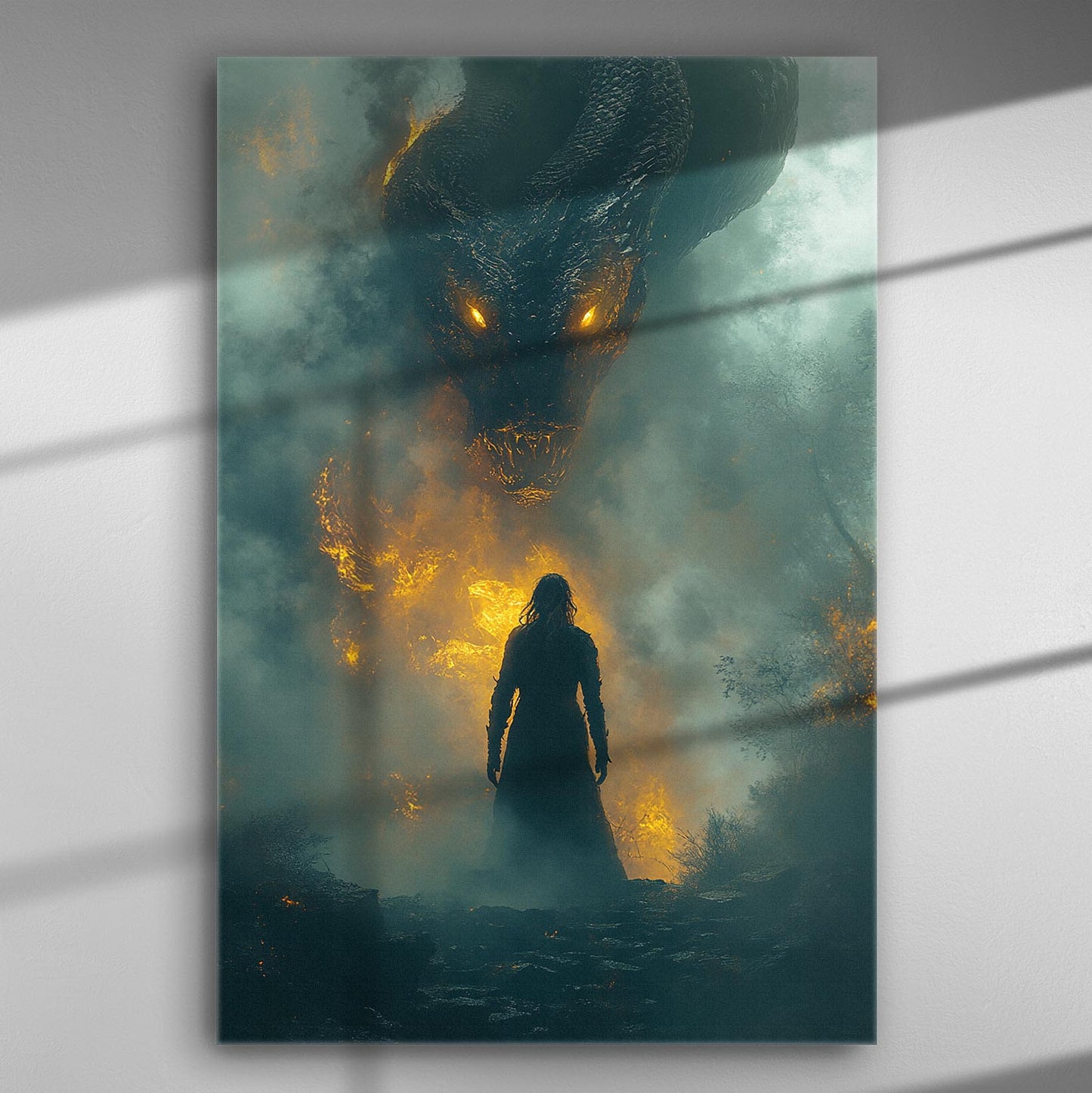 Epic fantasy scene with a dragon facing a lone figure, fiery and intense.