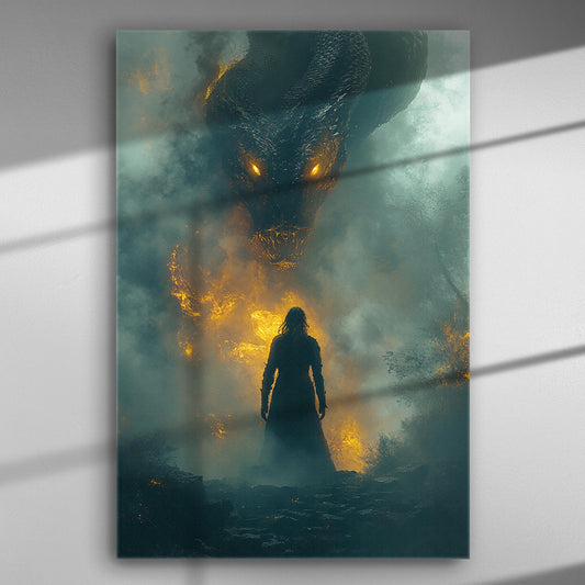 Epic fantasy scene with a dragon facing a lone figure, fiery and intense.