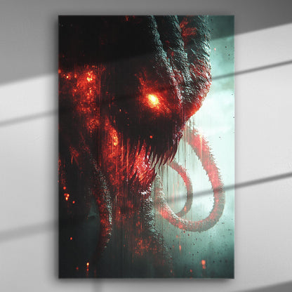 Dark fantasy creature with glowing red eyes and mouth on canvas