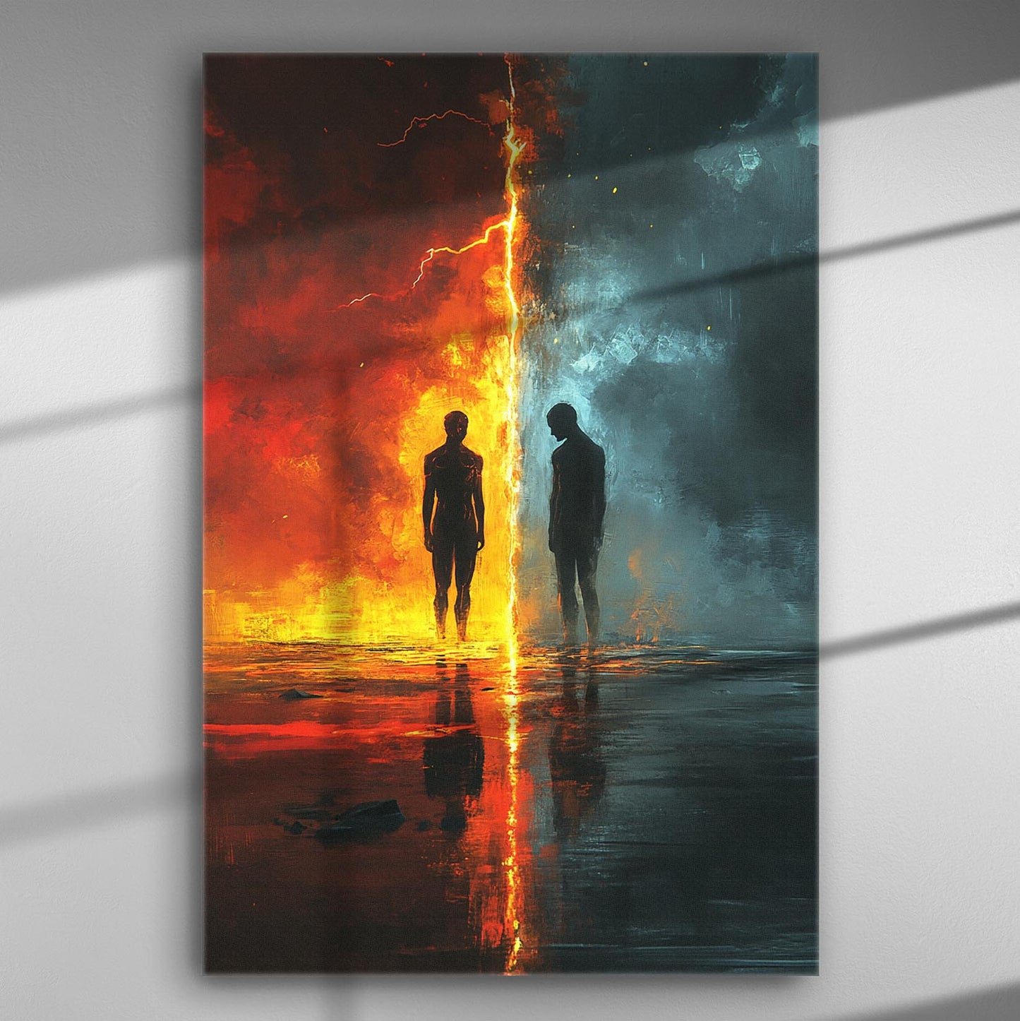 A striking art piece featuring two silhouettes standing amidst a fiery and watery contrast, symbolizing balance and harmony in nature.