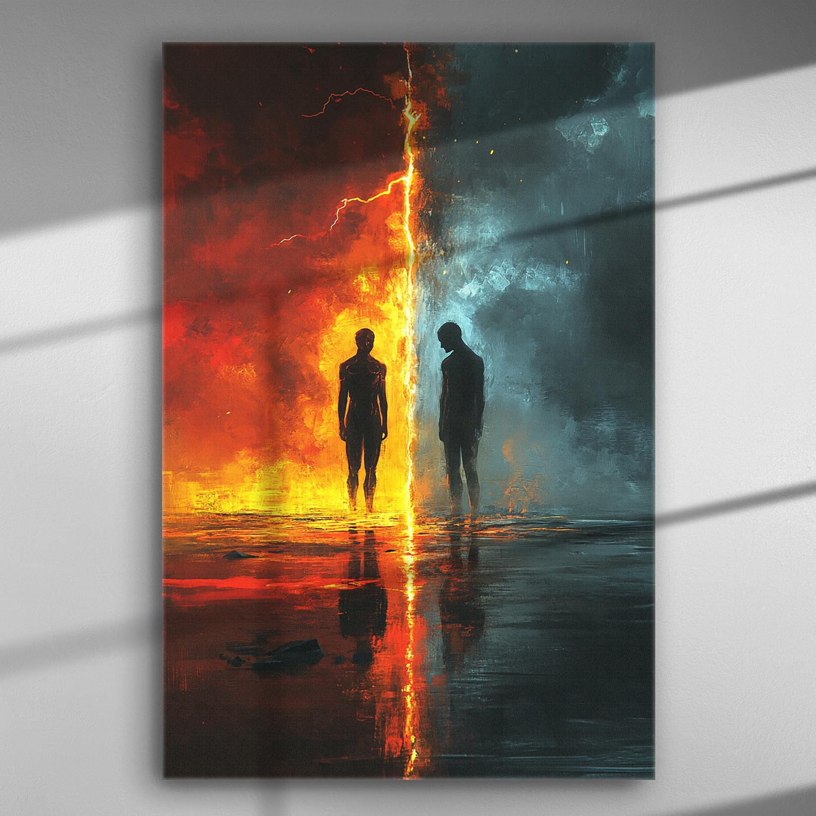 A striking art piece featuring two silhouettes standing amidst a fiery and watery contrast, symbolizing balance and harmony in nature.