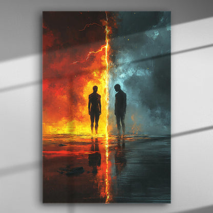 A striking art piece featuring two silhouettes standing amidst a fiery and watery contrast, symbolizing balance and harmony in nature.