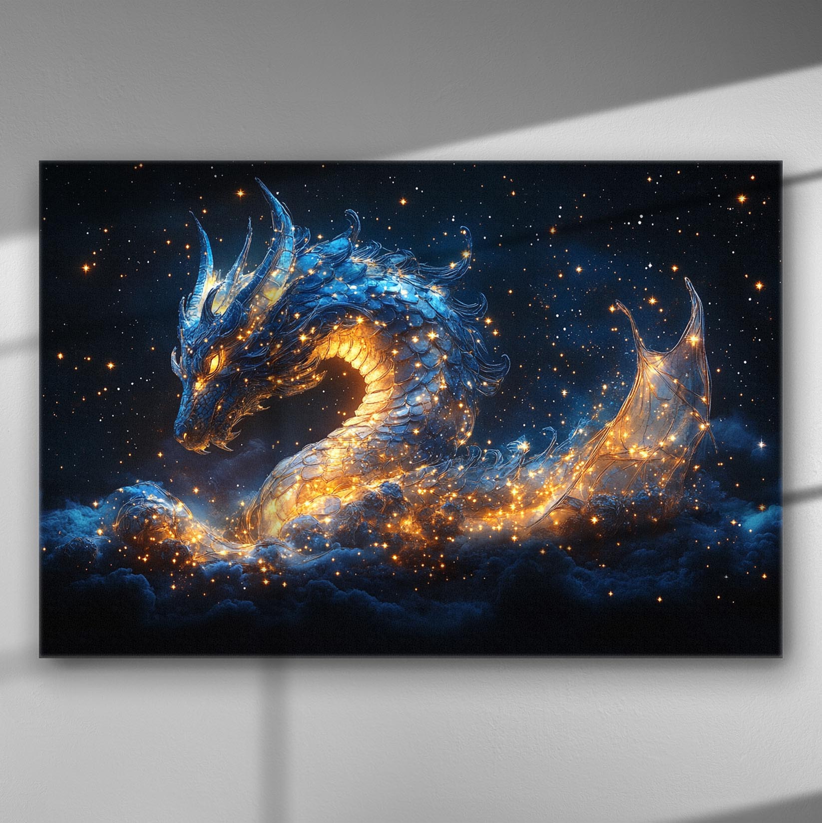 A majestic dragon with a blue and golden hue emerging from stars on a canvas.