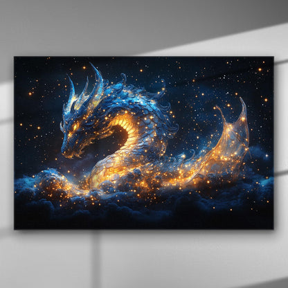 A majestic dragon with a blue and golden hue emerging from stars on a canvas.