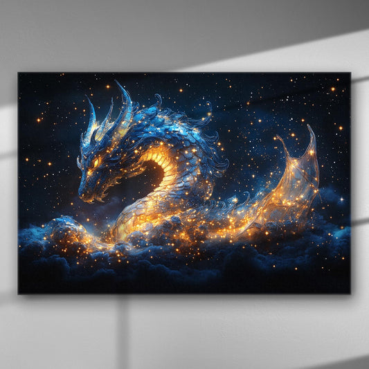 A majestic dragon with a blue and golden hue emerging from stars on a canvas.