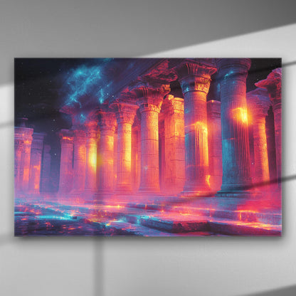 Canvas print of an ancient temple illuminated by vibrant lights in orange and purple hues.