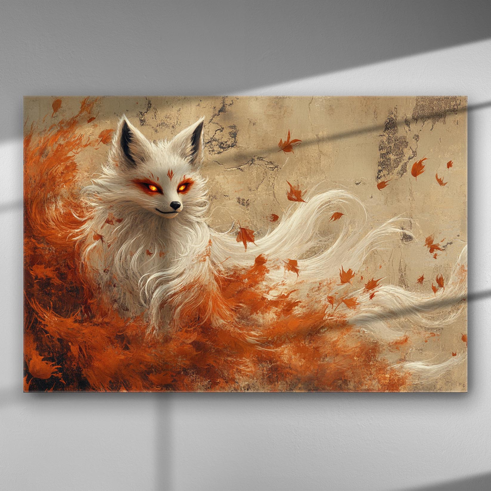 Mystical fox with orange and white fur surrounded by autumn leaves on a textured background.