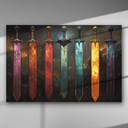 Colorful fantasy swords art on canvas with vivid reds, blues, and oranges.