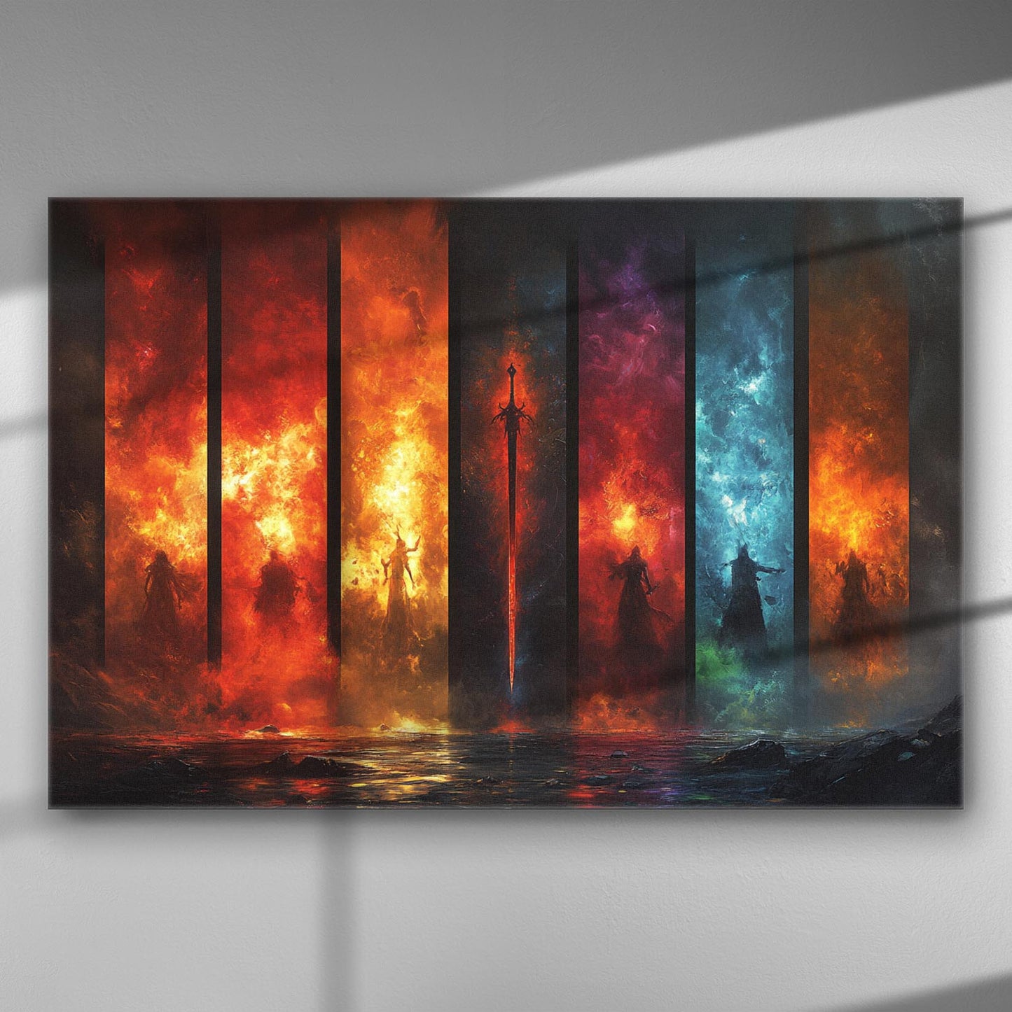 Abstract representation of the four classical elements in vibrant colors on a canvas.