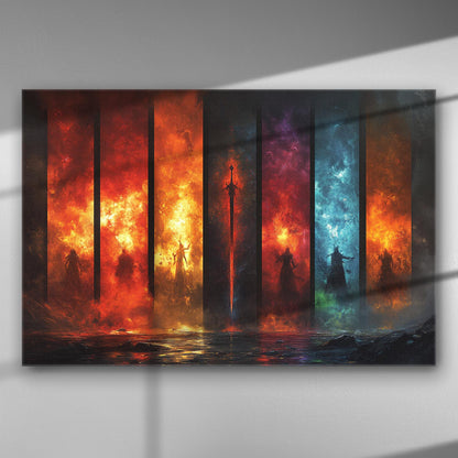 Abstract representation of the four classical elements in vibrant colors on a canvas.