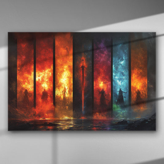 Abstract representation of the four classical elements in vibrant colors on a canvas.