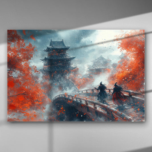 Samurai walking on a bridge amid autumn foliage with traditional Japanese buildings in the background.