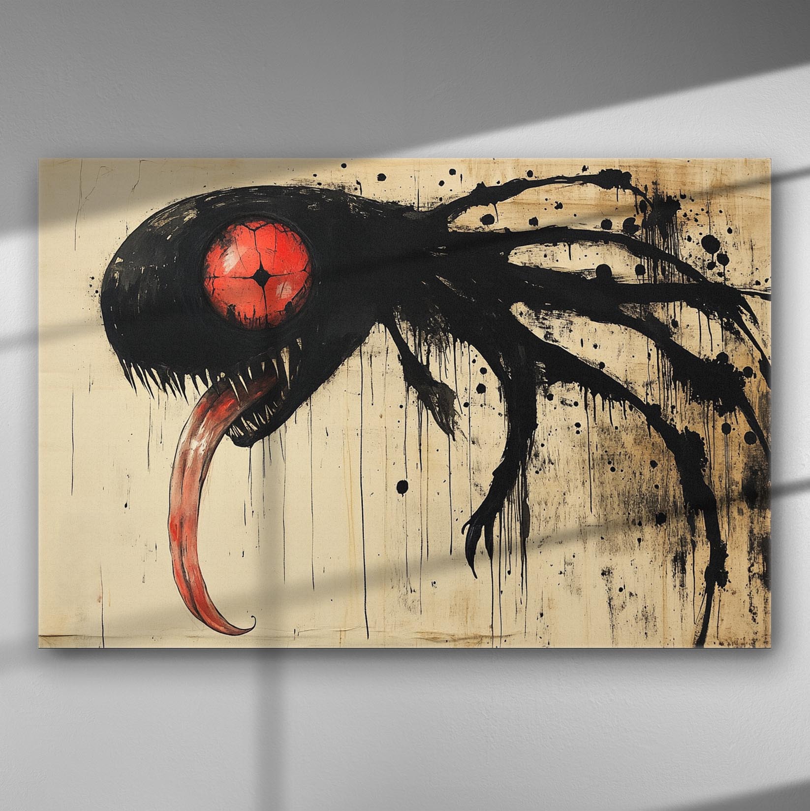 Abstract art with black and red forms on a canvas.