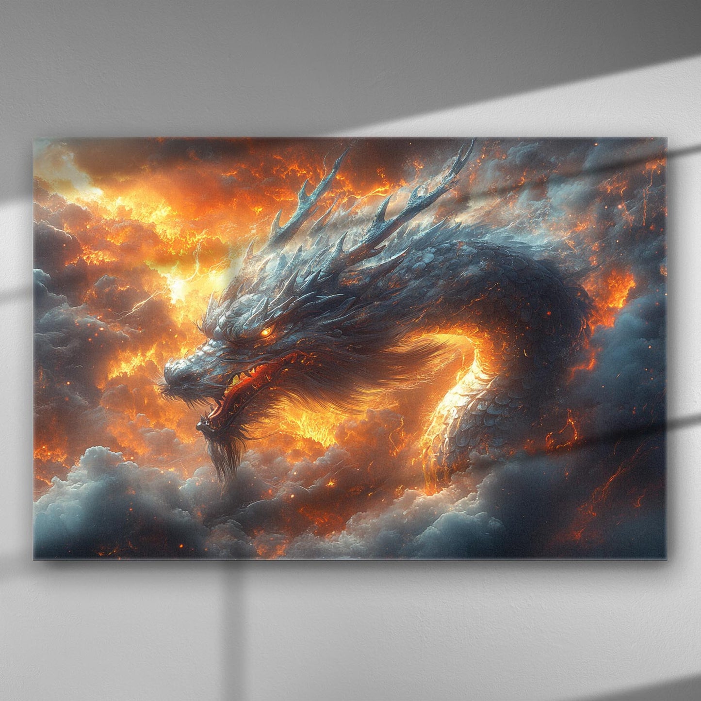 A fiery dragon amidst clouds and flames, dramatic and mythical art on canvas.