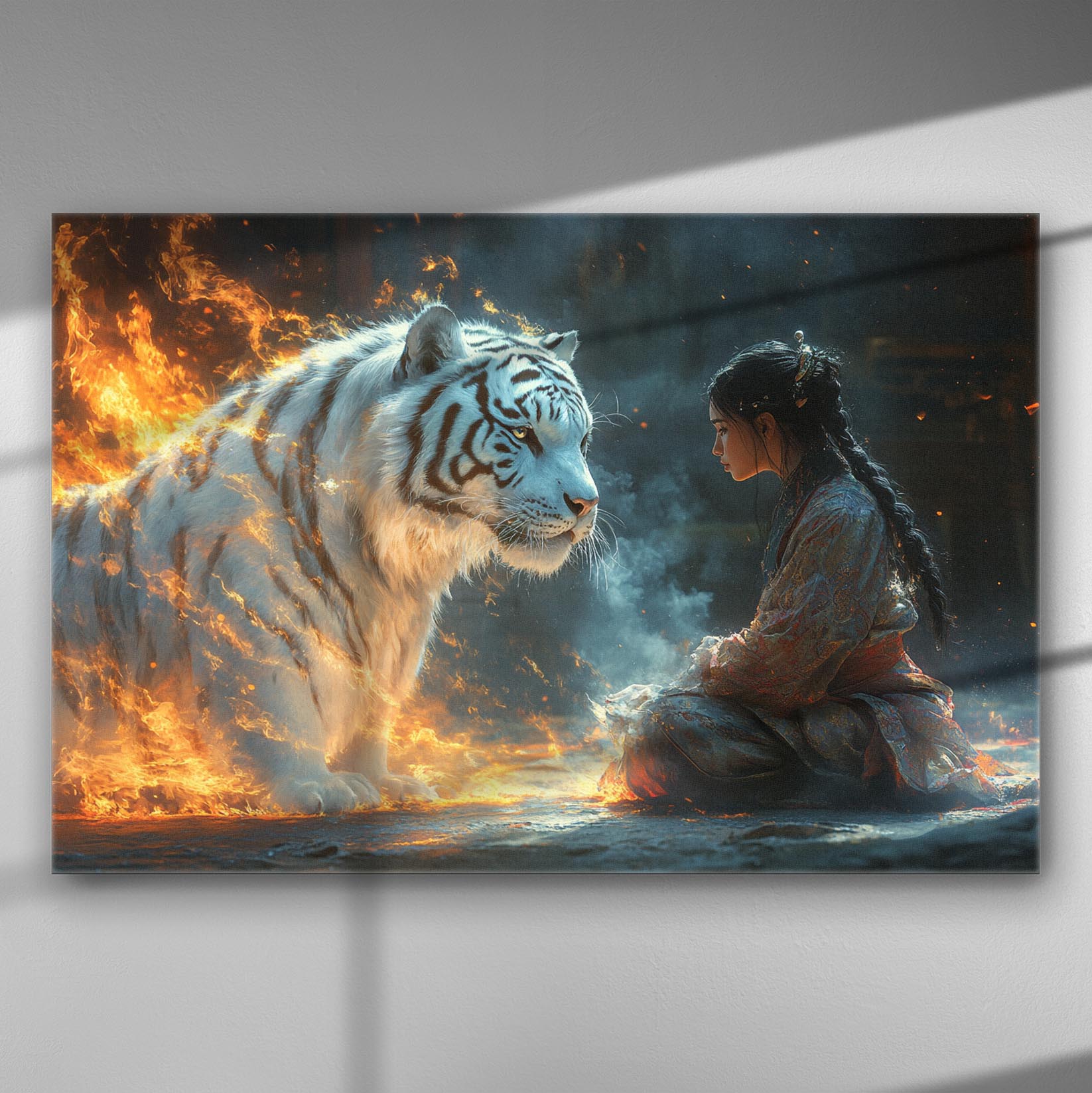A majestic white tiger engulfed in flames with a serene figure sitting opposite, both illuminated by fiery light, on a canvas print.