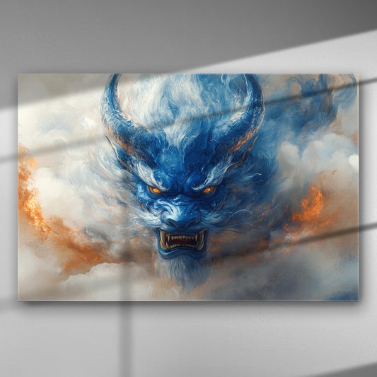 Fantasy dragon face emerging from clouds with blue and orange tones on canvas.