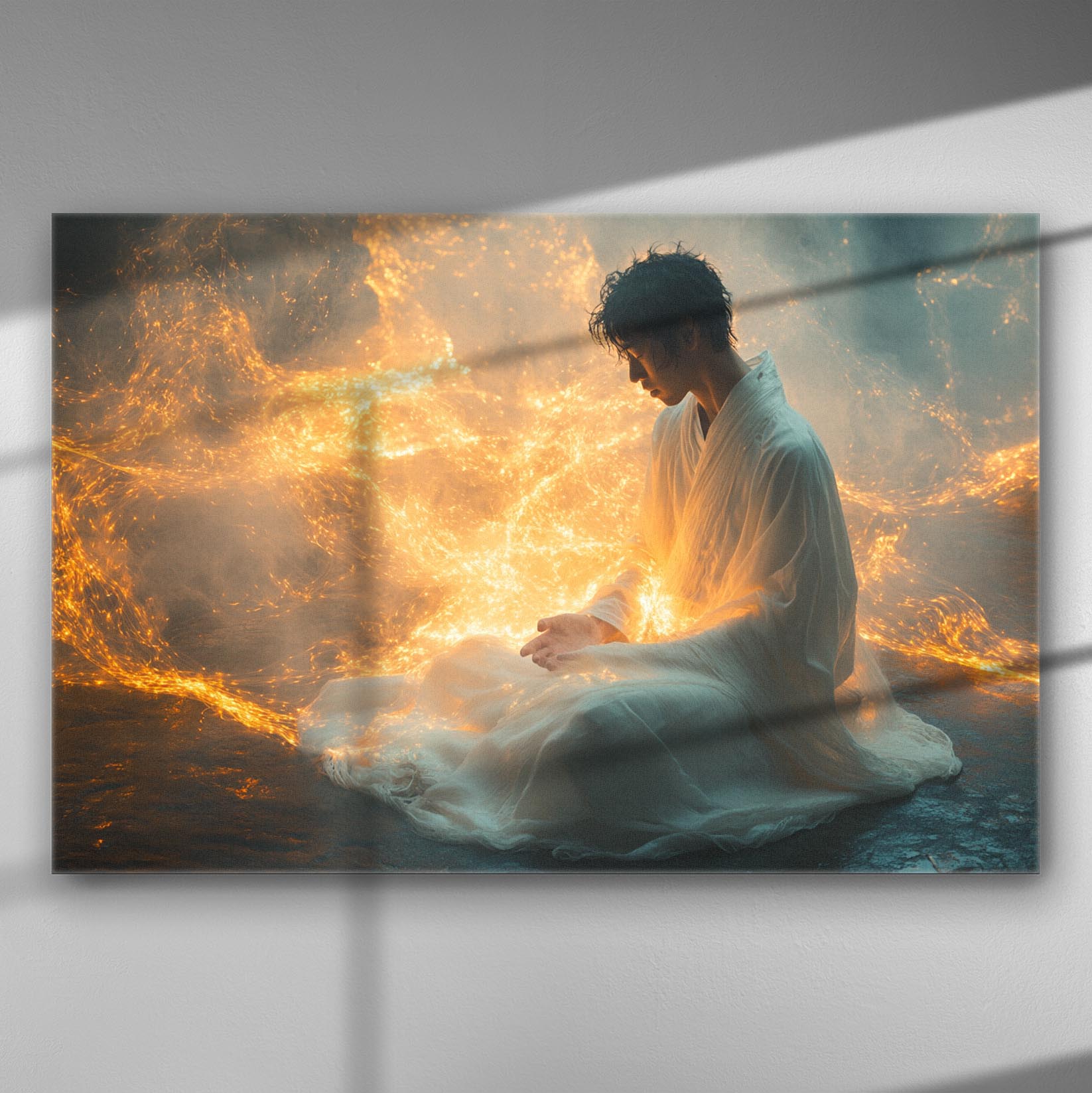 A person meditating surrounded by fiery light, creating a peaceful ambiance on canvas.