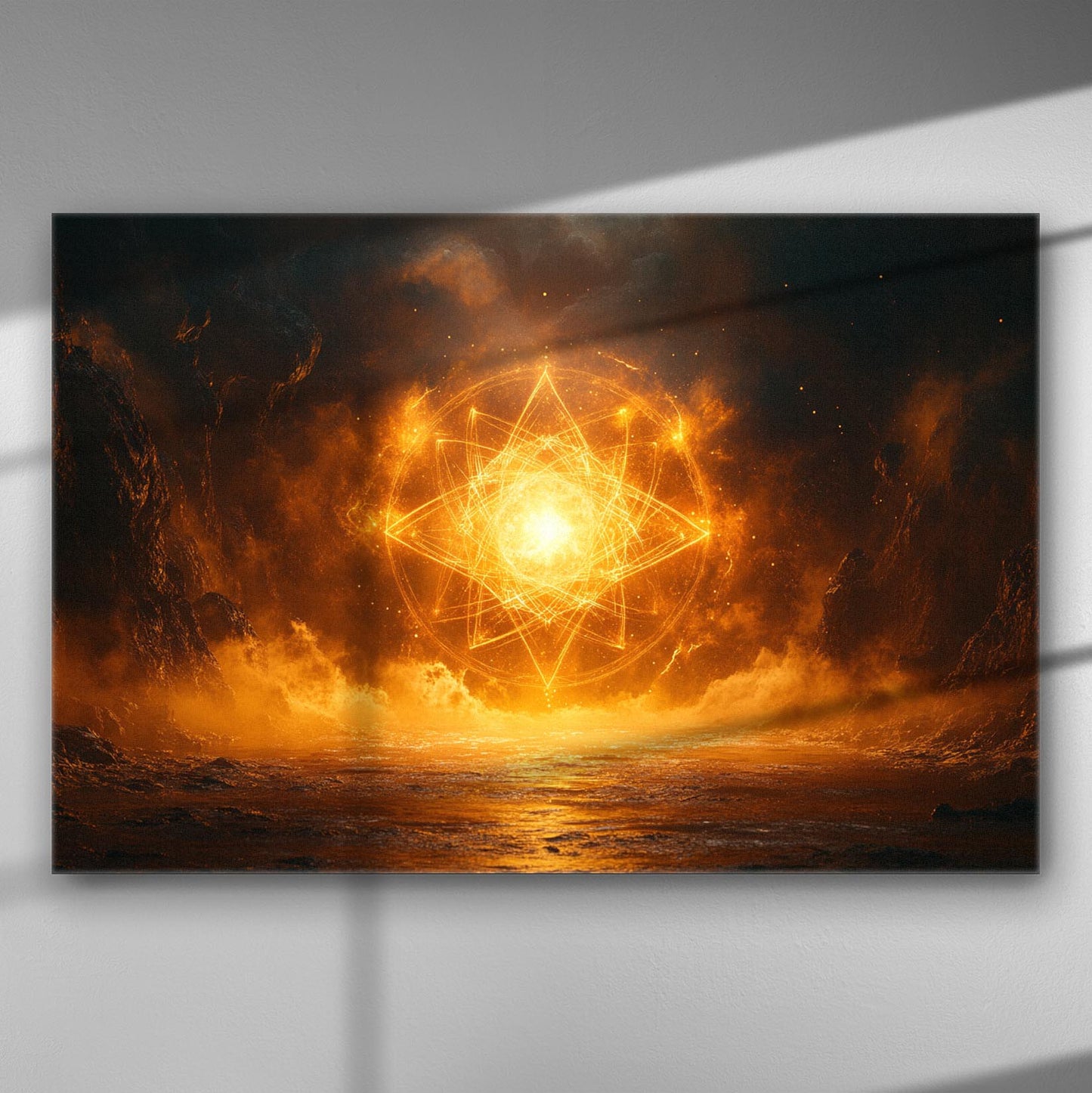 A bright explosion over a dark ocean with geometric light shapes.