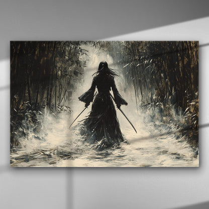 Samurai walking through a misty bamboo forest, creating a dramatic and mysterious atmosphere.