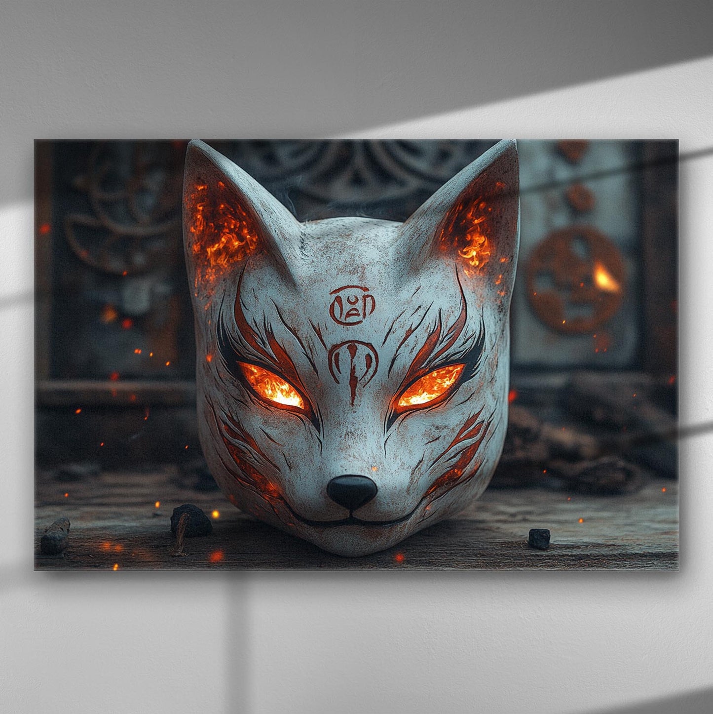A mystical kitsune mask with flaming eyes depicted on a canvas