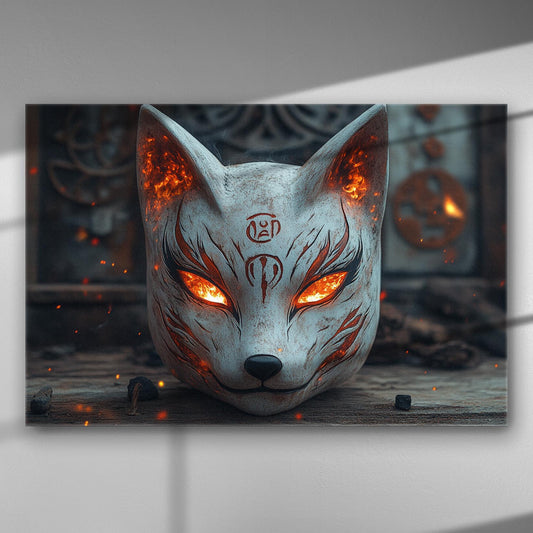 A mystical kitsune mask with flaming eyes depicted on a canvas
