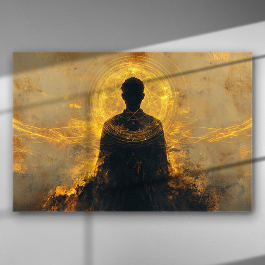 Silhouette with golden light beams and mystical aura on canvas.