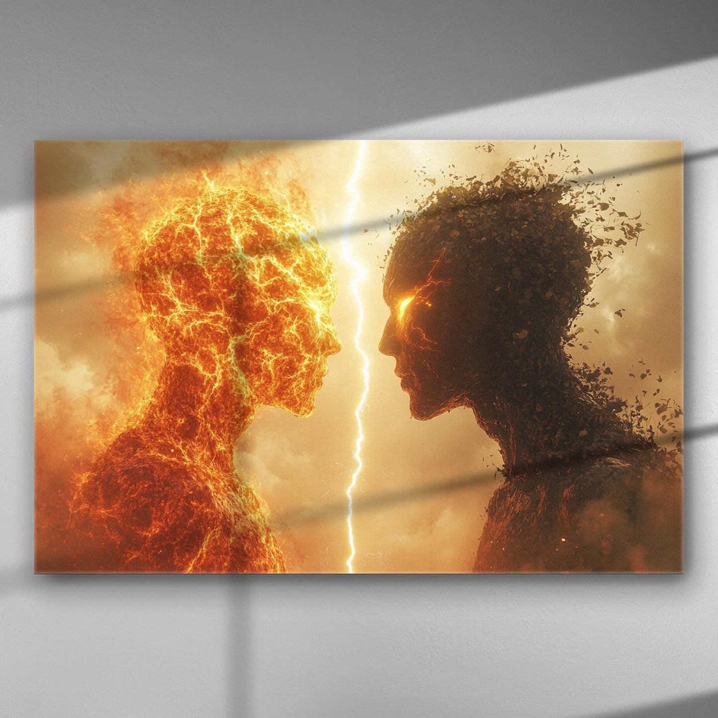 Digital artwork of fiery and earth element figures facing each other with lightning in the background.