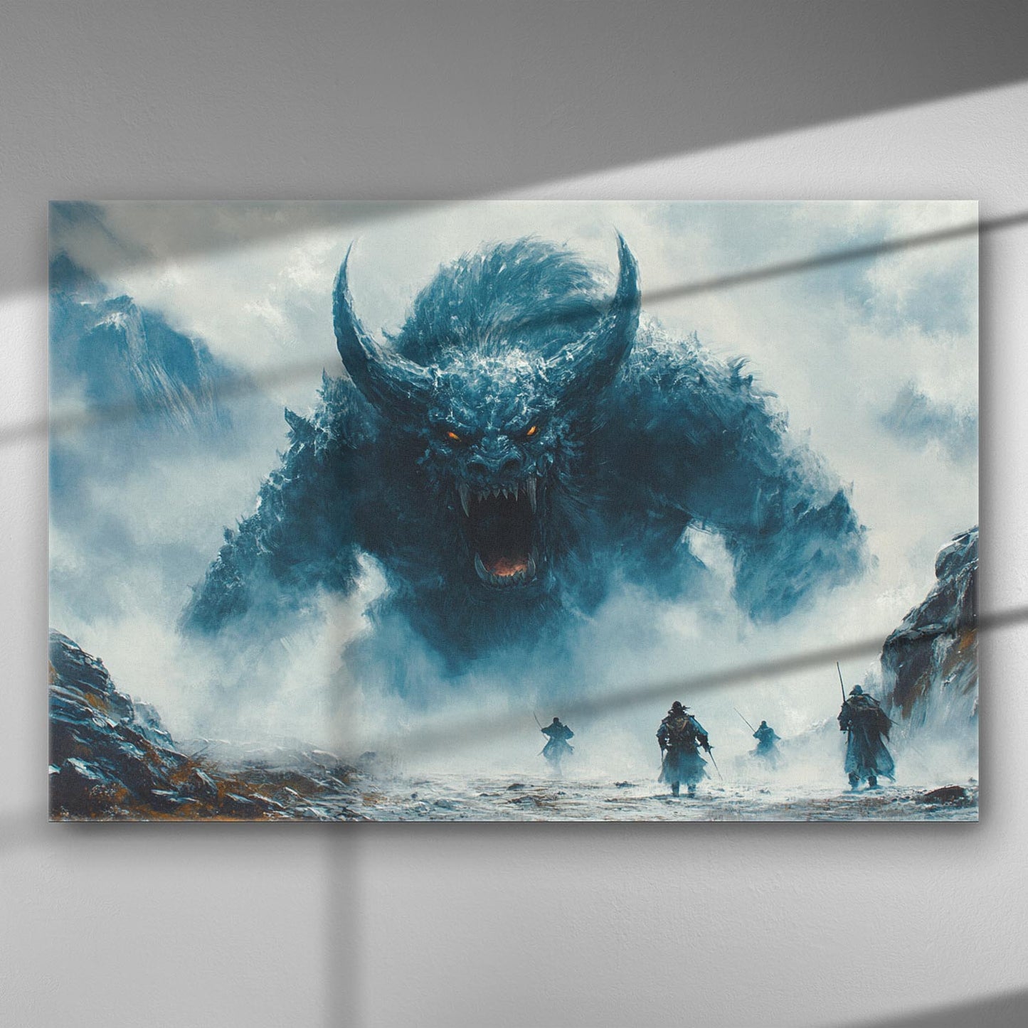 Fantasy scene with warriors facing a gigantic monster in misty landscape.