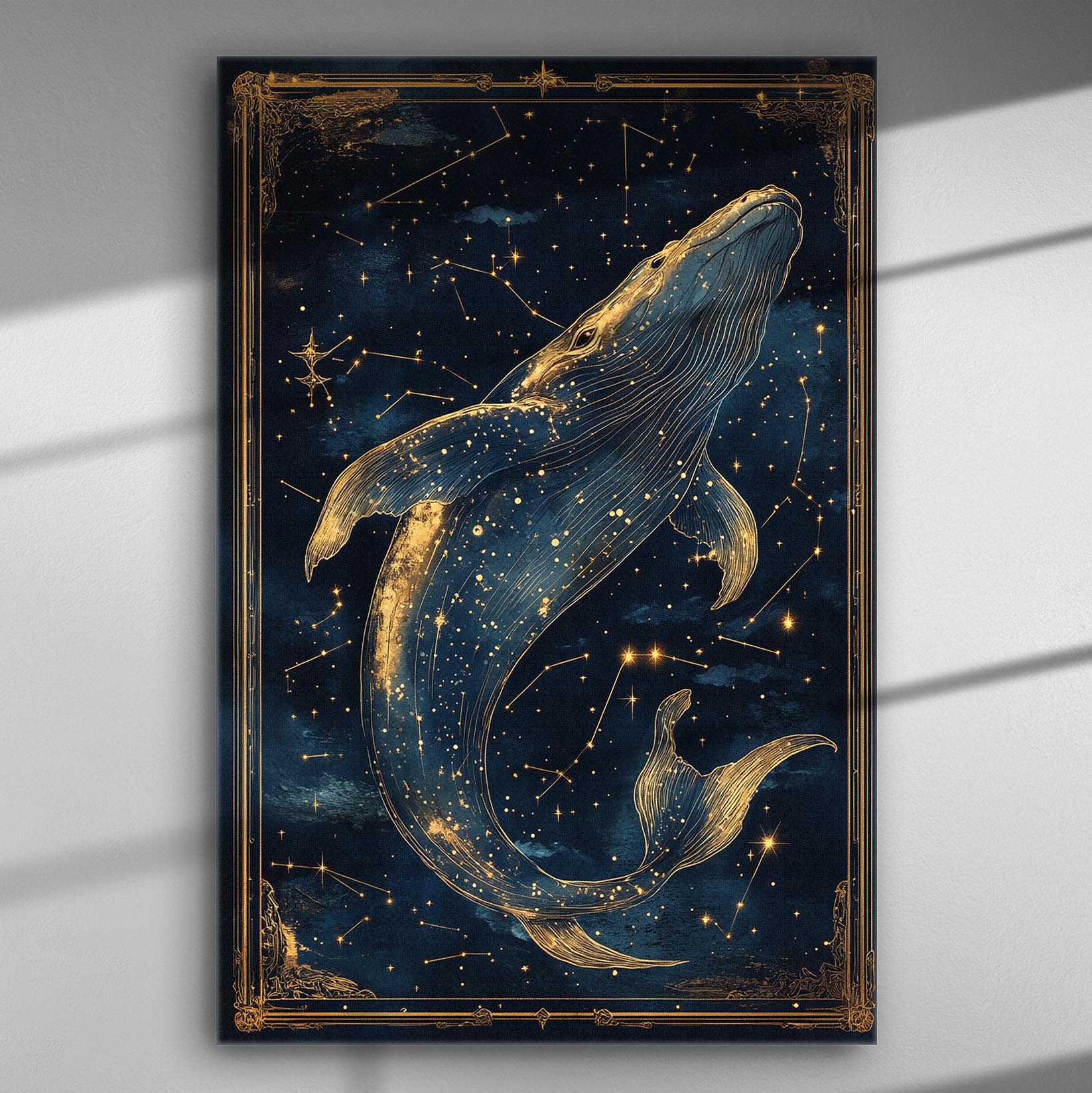Whale swimming in a starry night sky with constellations, gold and blue artwork on canvas.