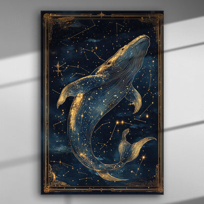 Whale swimming in a starry night sky with constellations, gold and blue artwork on canvas.