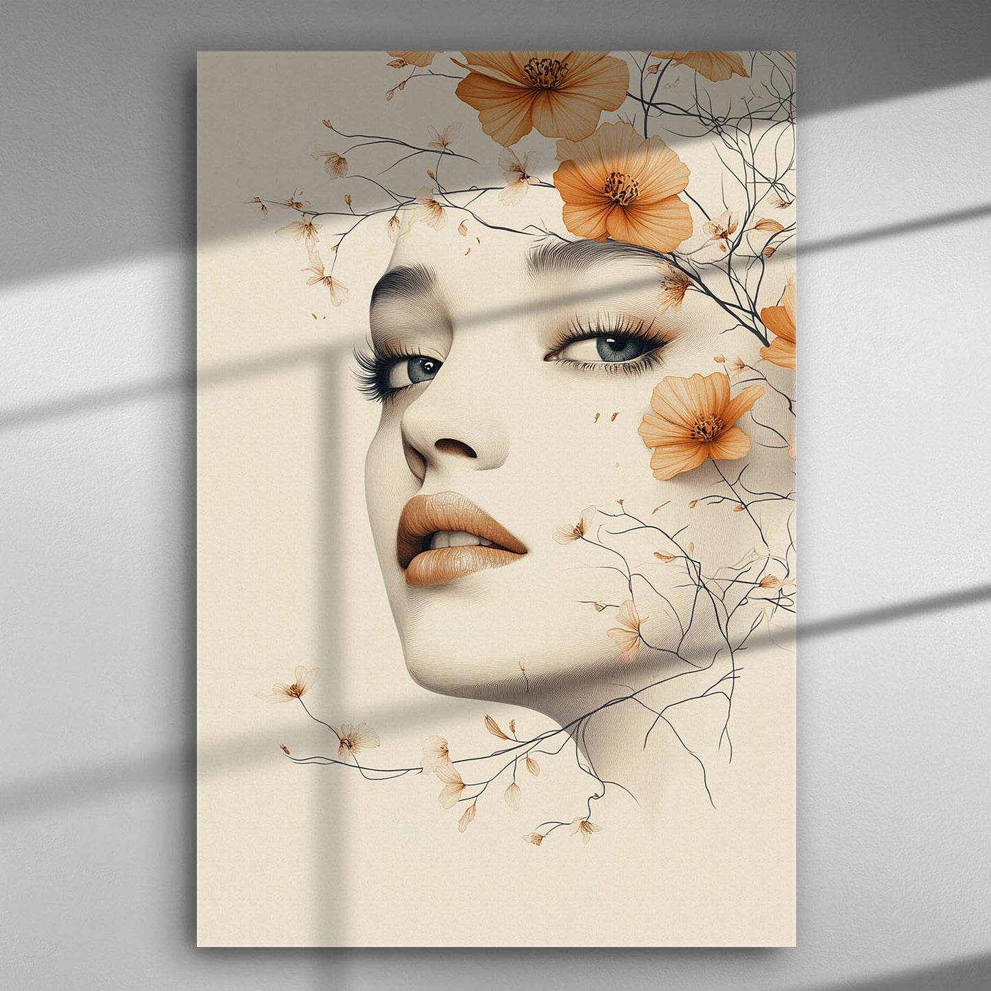 Canvas print of a woman's face intertwined with delicate flowers and branches, creating a serene and elegant look.