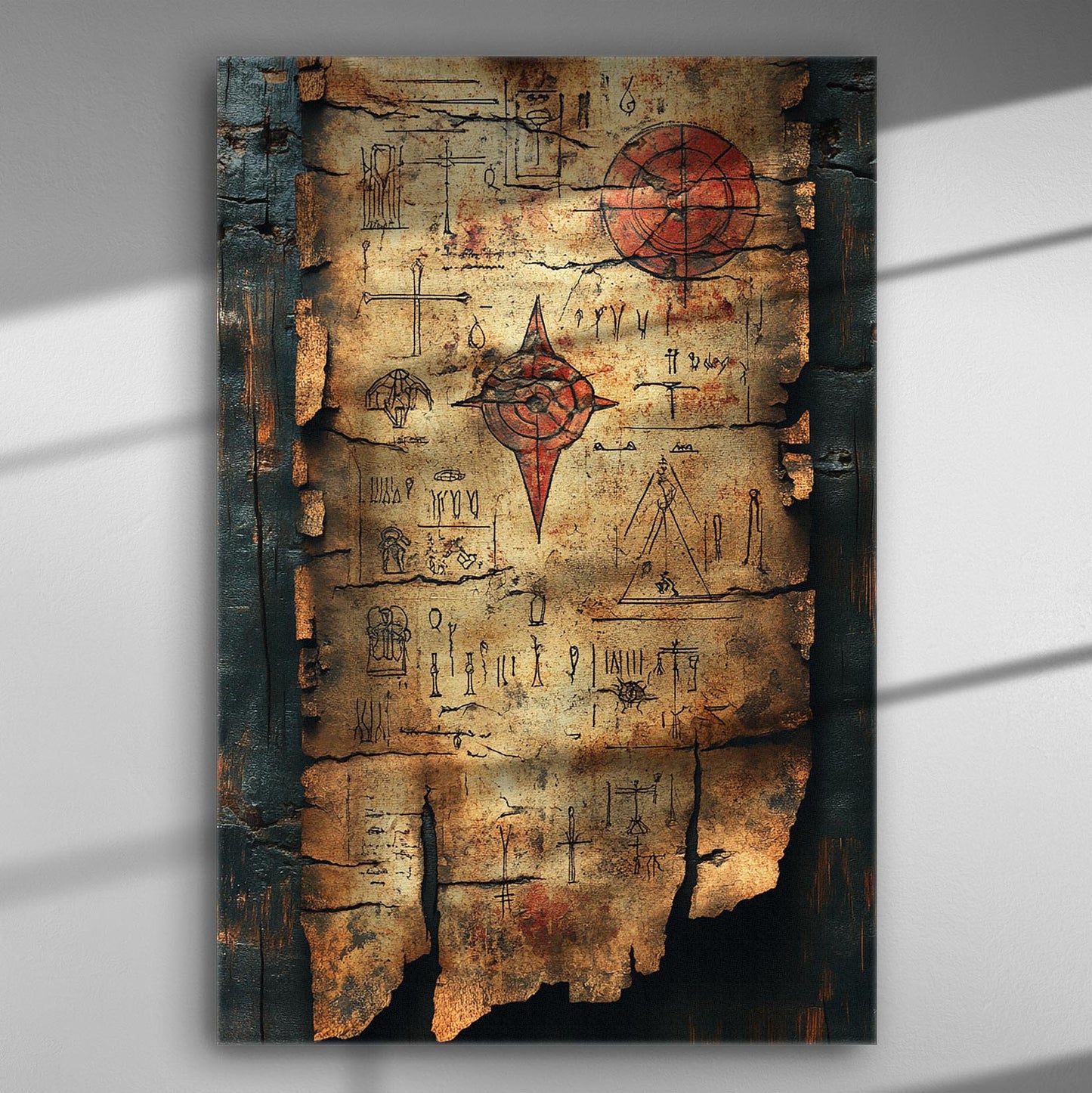 Ancient scroll with mysterious symbols and geometric shapes on a canvas print.