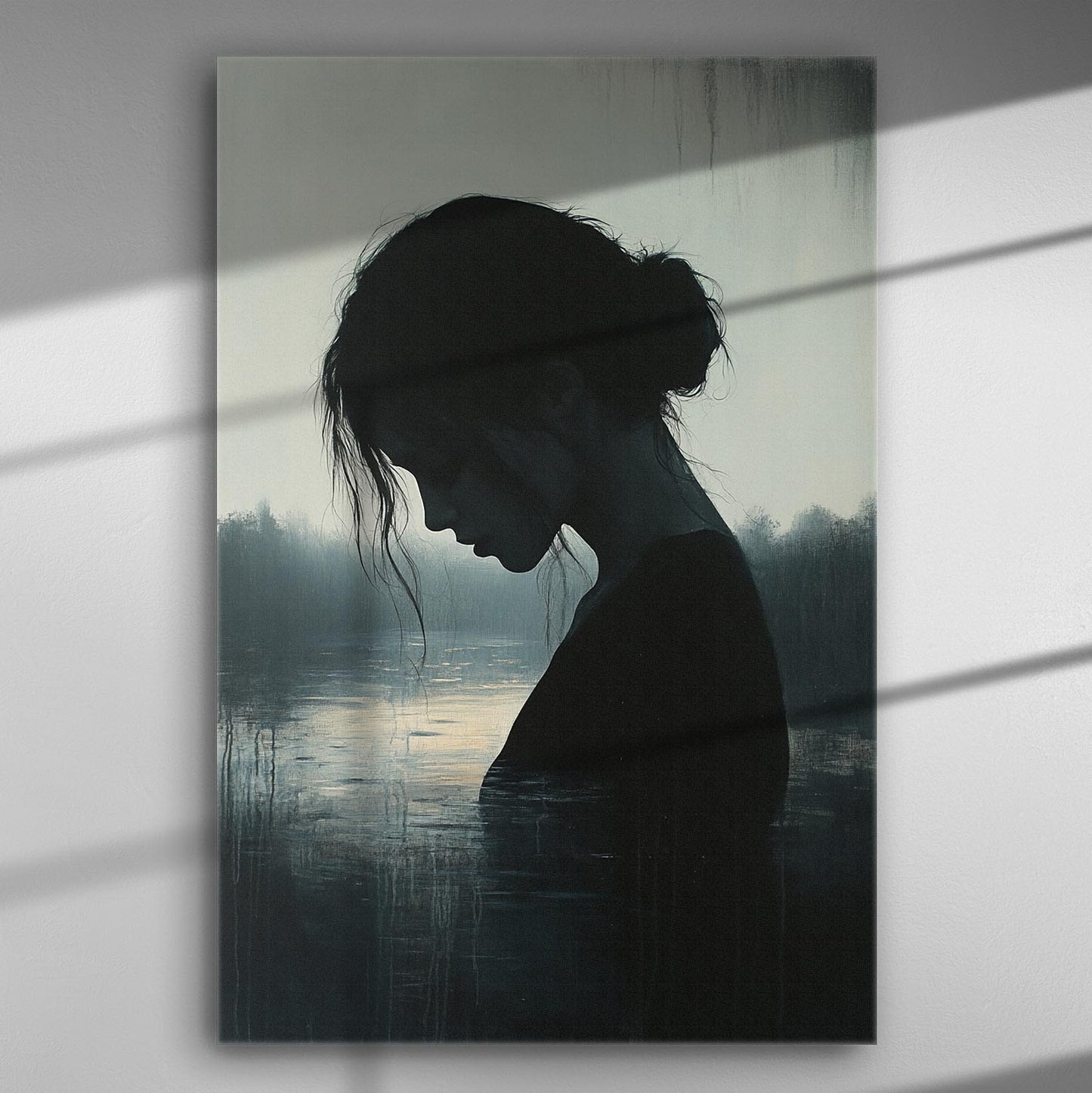 Silhouette of a woman in front of a serene lake, art on canvas.