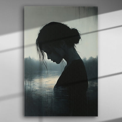 Silhouette of a woman in front of a serene lake, art on canvas.