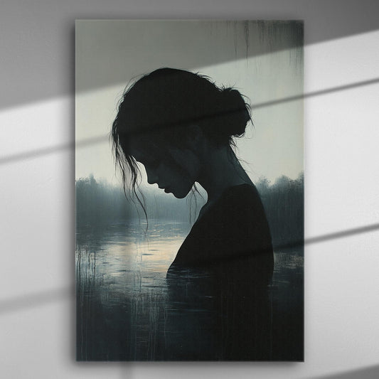 Silhouette of a woman in front of a serene lake, art on canvas.