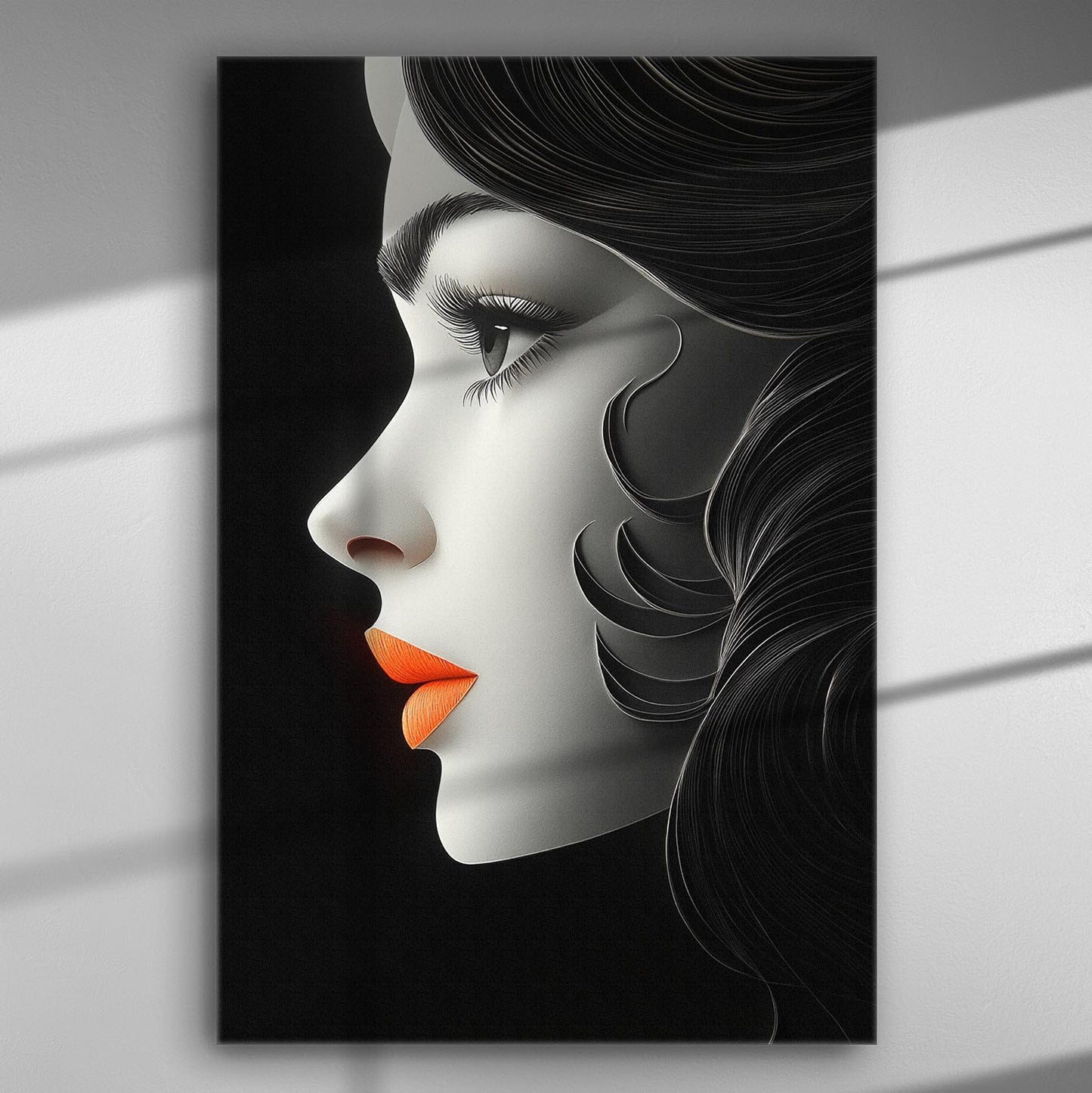 Profile of a woman with vivid orange lips on a canvas print.