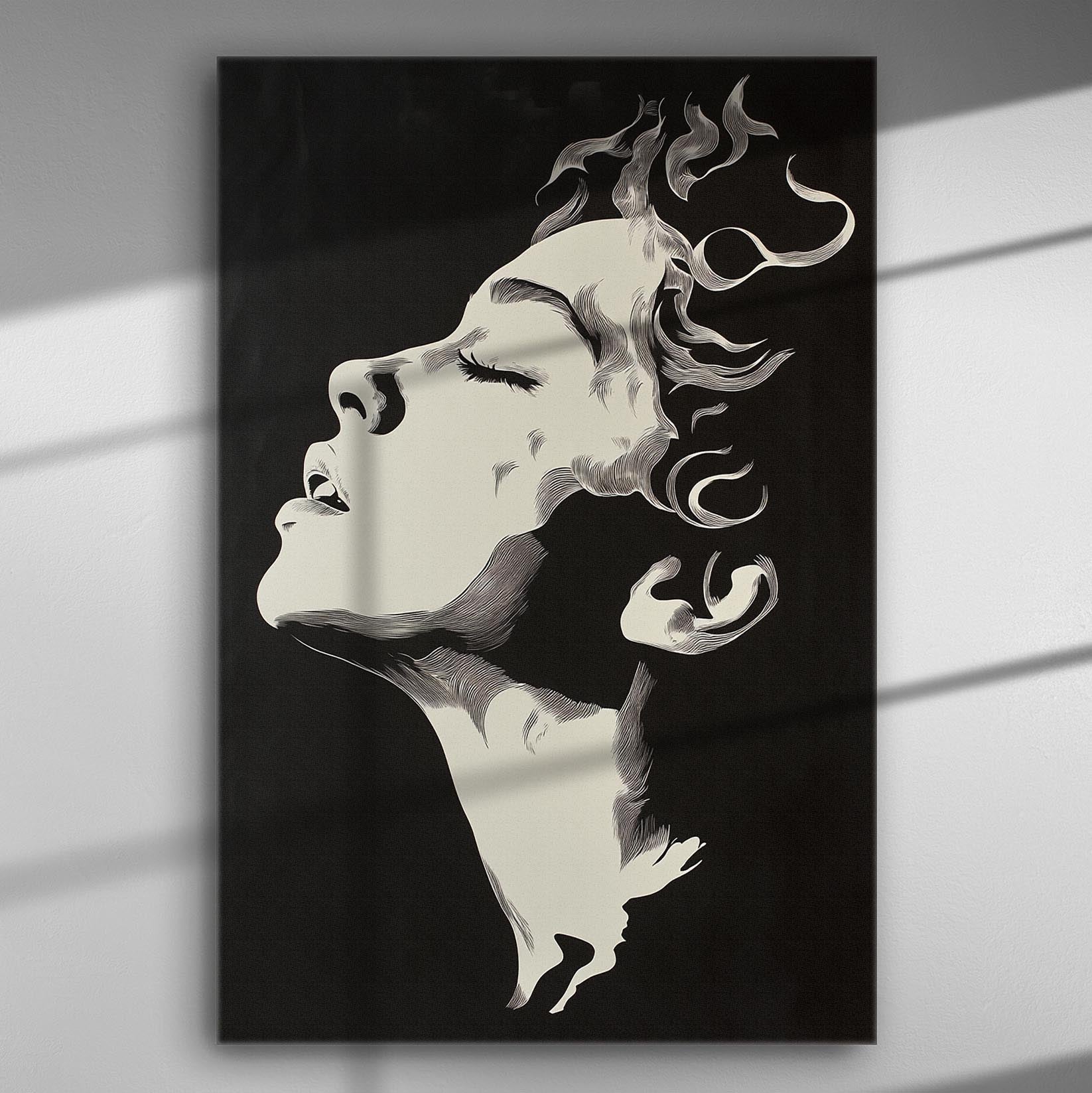 Abstract face with flowing lines on a monochrome canvas.