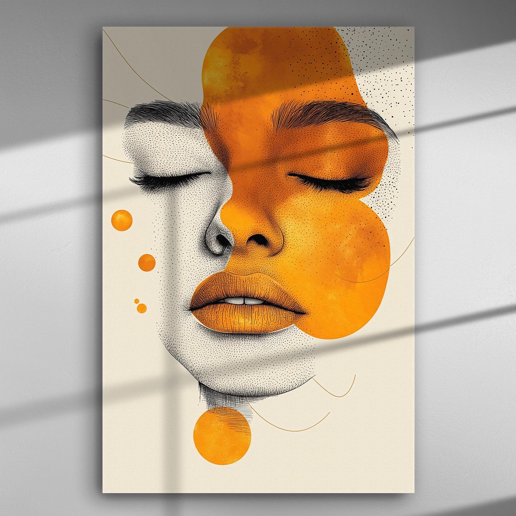 Abstract portrait with orange tones on a canvas, combining black and white elements with modern art style.