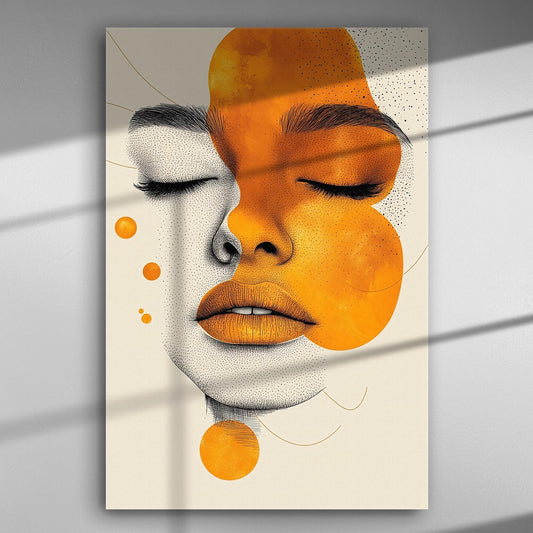 Abstract portrait with orange tones on a canvas, combining black and white elements with modern art style.