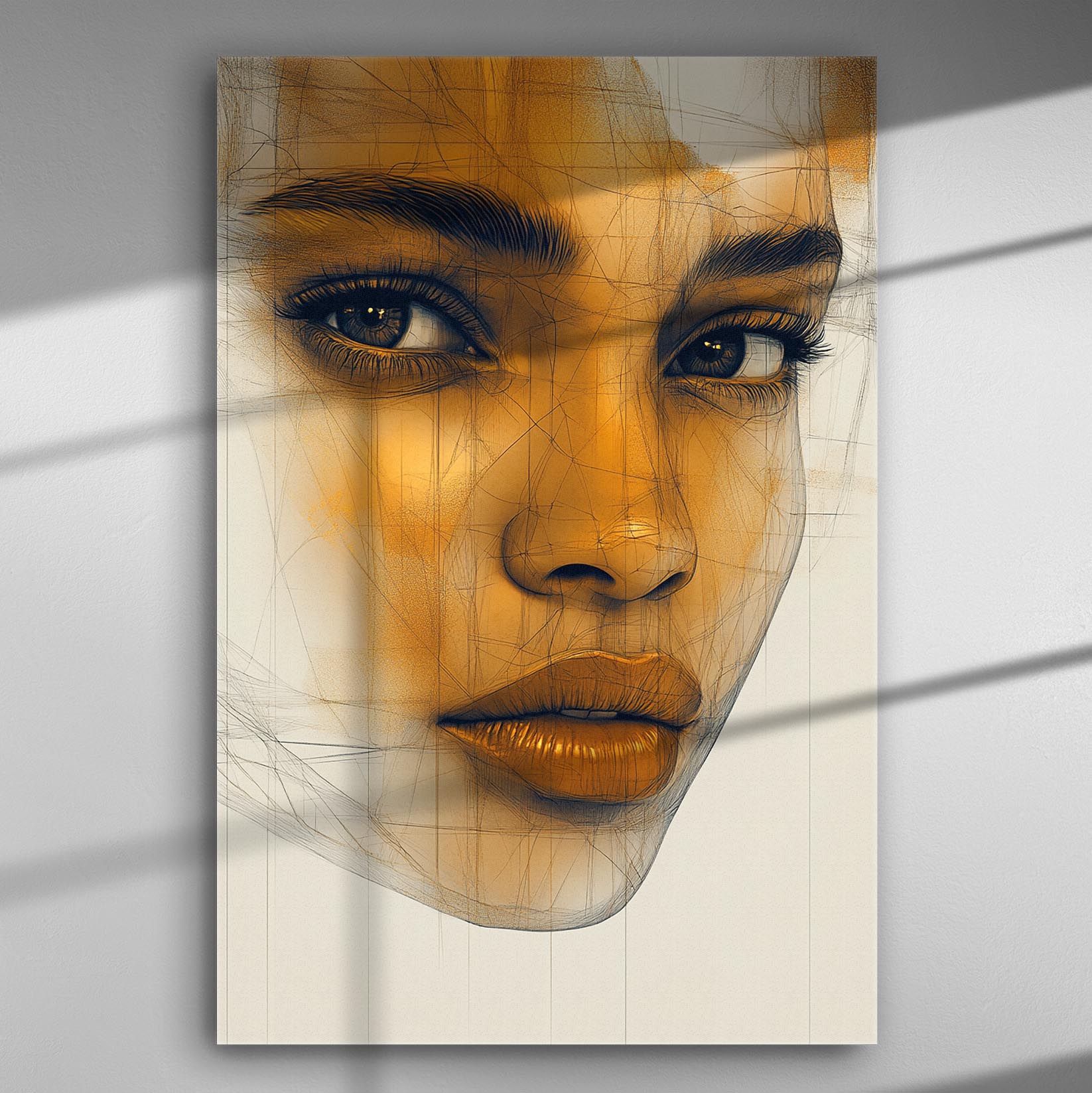 A canvas print featuring a close-up of a woman's face with orange hues and intense eyes.